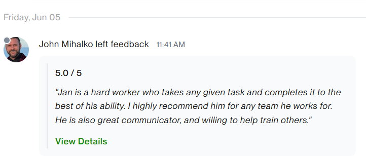 Screenshot of 5.0 out of 5 feedback from John Mihalko