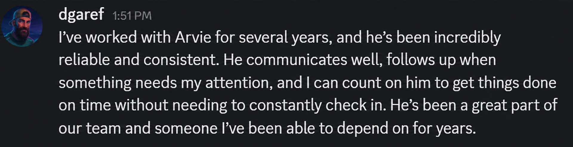 Screenshot of feedback from dgaref praising Arvie's reliability and consistency